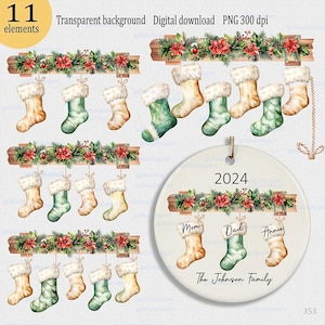 Clipart Noël familial personnalisé pour sublimation : ornement aquarelle de bas de Noël, conception de chaussettes cadeau, fichier transparent