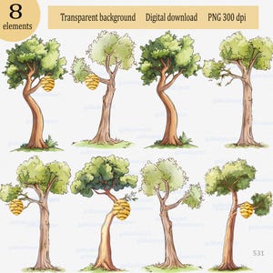 Árvore alta de verão com colmeia, clipart de aquarela PNG, conto de fadas do ursinho Pooh, árvore decídua da floresta para sublimação e impressão de adereços de stand up para festas