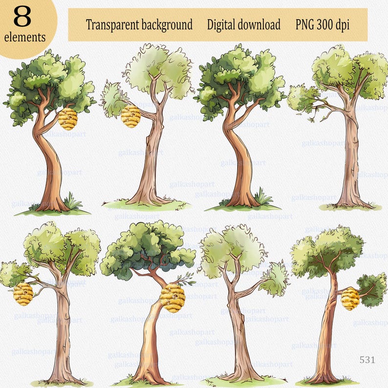 Sommarhögt träd med bikupa, akvarell clipart PNG, Puh-saga, lövträd i skogen för sublimering och tryck av festrekvisita bild 1