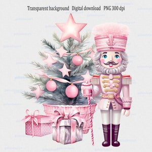 Watercolor Pink Christmas Tree Nutcracker PNG Sublimation Design, Xmas Clipart, Baby's 1st Xmas, Transparent PNG file, pink tis the season