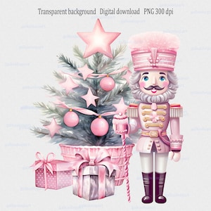 Watercolor Pink Christmas Tree Nutcracker PNG Sublimation Design, Xmas Clipart, Baby's 1st Xmas, Transparent PNG file, pink tis the season