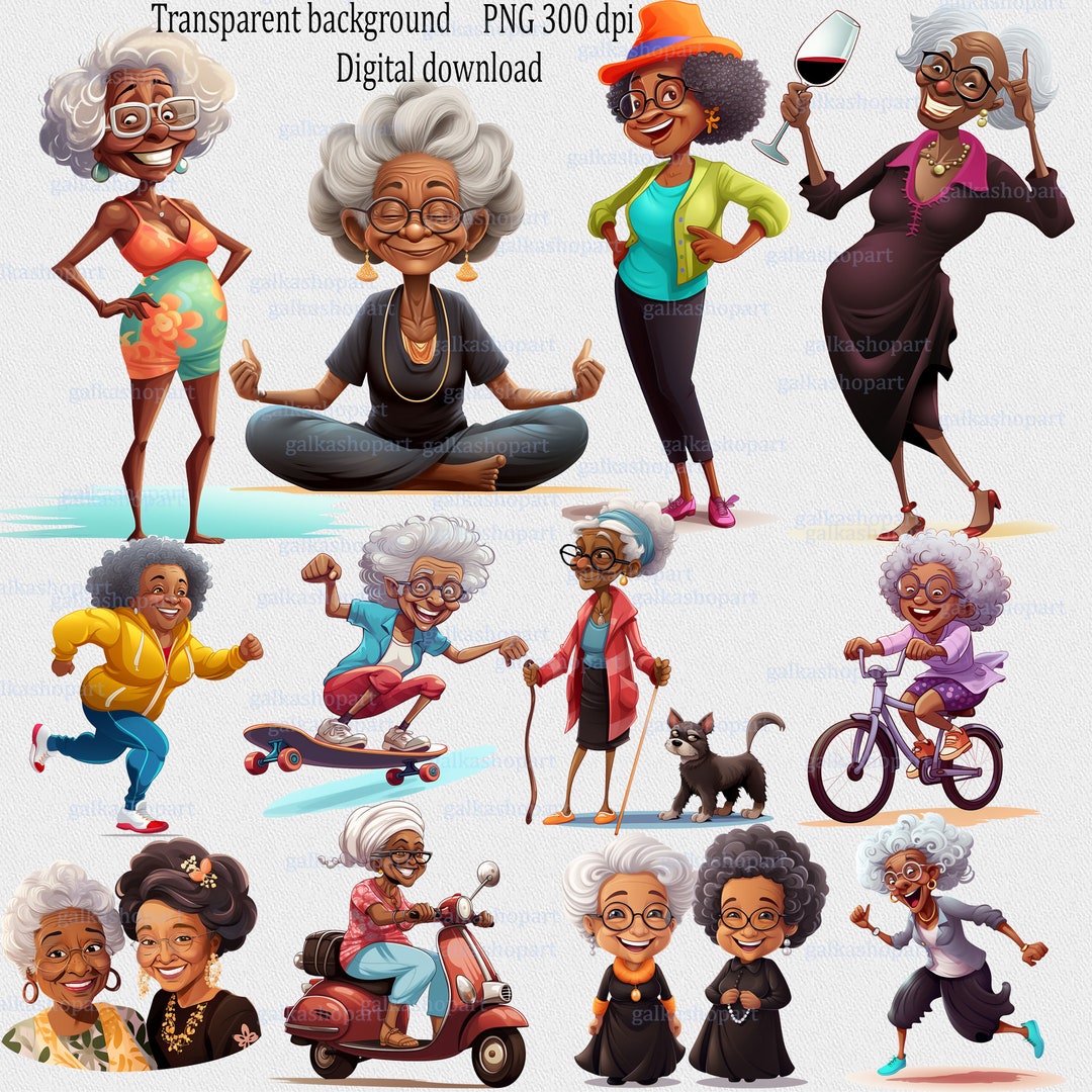 Funny Cartoon Clipart PNG of Old Afro-american Ladies: Cute Drunk  Grandmother; Cheerful Granny; Elderly Beach Woman; Dark Skin Grandma - Etsy, image size:1080x1080