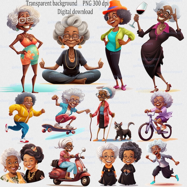 Funny cartoon clipart PNG of old Afro-american ladies: cute drunk grandmother; cheerful granny; elderly beach woman; dark skin grandma