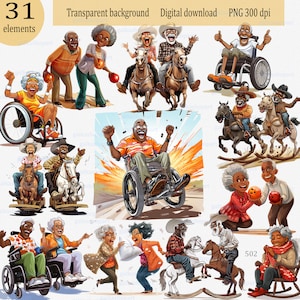 Anziani afroamericani PNG: battaglia di cuscini, nonna anziana giocatrice di bocce, nonna sulla sedia a dondolo, cowboy a cavallo, pensionati, corse in sedia a rotelle