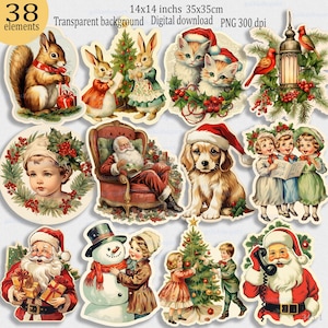 Desenhos PNG de Natal vintage para sublimação: gráficos de Papai Noel, enfeites de árvore de Natal, quebra-nozes, boneco de neve, rena, conjunto de 38 adesivos retrô