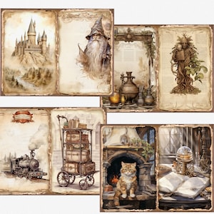 May include: A collection of six vintage-style illustrations featuring a wizard, a castle, a cat, a train, a cart full of luggage, and a tree with a face. The illustrations are printed on a parchment-like background with a distressed look.
