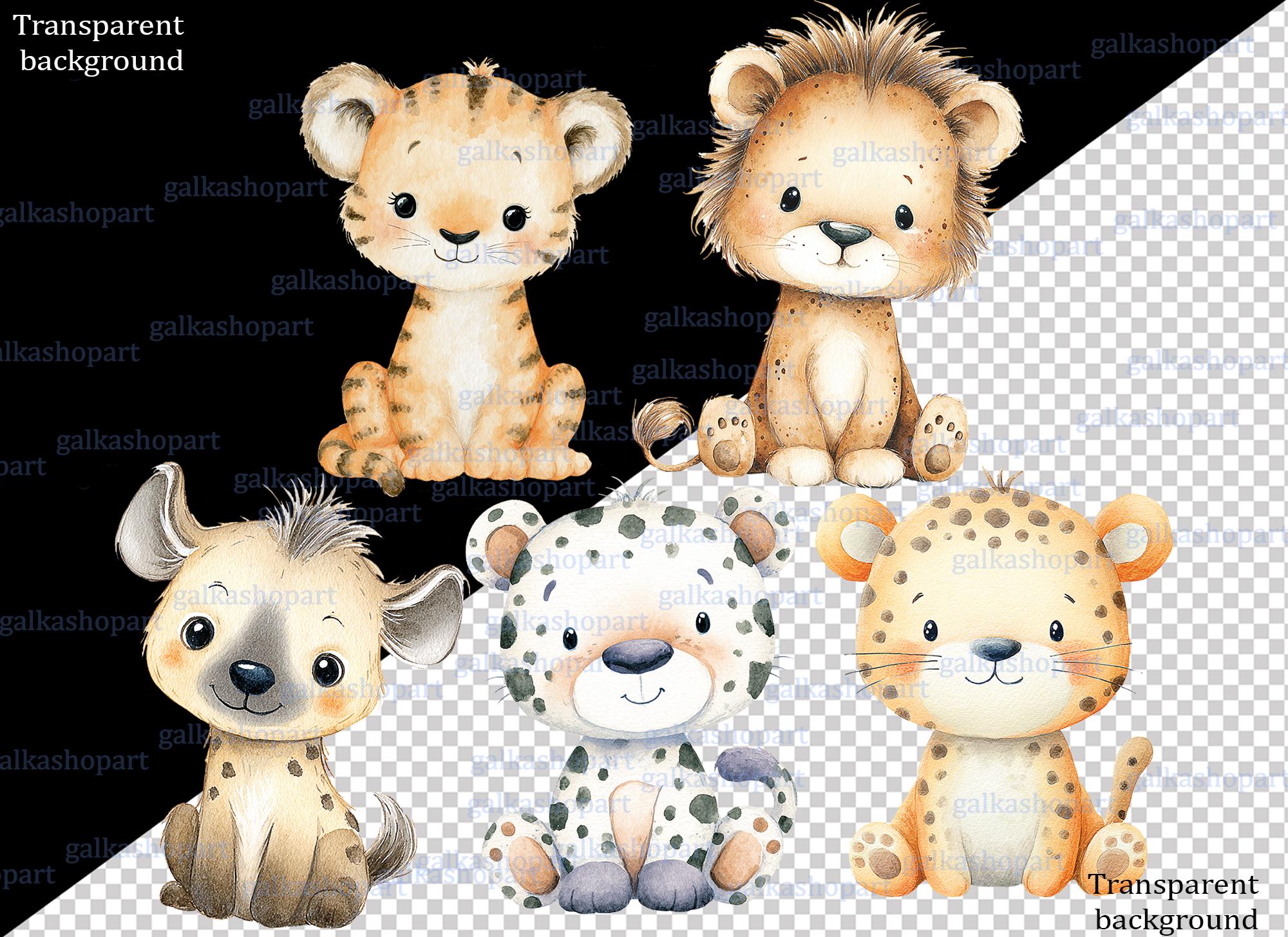 Safari Baby Animals Clipart: Watercolor Jungle Animals PNG Bundle, Lion ...
