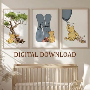 Impresión personalizada con el nombre clásico de Winnie the Pooh, arte de pared infantil con temática literaria de género neutro, personaje vintage, regalo para bebé recién nacido, juego de 3 imágenes