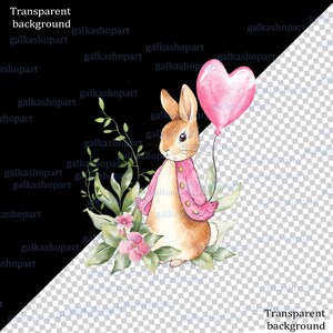 Watercolor Peter Rabbit birthday PNG clipart set with pink jacket bunny, heart balloon, greenery and floral number 1, 2 and 3 designs, shown on a baby bodysuit mockup.