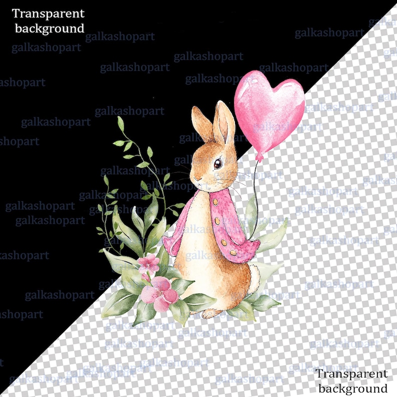 Watercolor Peter Rabbit birthday PNG clipart set with pink jacket bunny, heart balloon, greenery and floral number 1, 2 and 3 designs, shown on a baby bodysuit mockup.