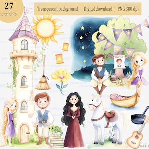 Personajes y elementos de cuentos de hadas de Rapunzel, imágenes prediseñadas PNG de acuarela: diseños de cumpleaños con temática de princesa, fiesta enredada, linda chica de morado