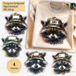 Camo Raccoon PNG Bundle: Blank Cap Patch Clipart, Cool Woodland Animal Faces, Boy Shirt Design Set