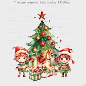 Elfi con cavallo a dondolo e albero di Natale PNG: Clipart invernale ad acquerello, grazioso design a sublimazione per biglietti di Natale, decorazioni per feste per bambini
