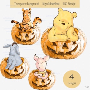 Winnie l'ourson classique et ses amis assis dans une énorme demi-citrouilles Ours en citrouille d'Halloween 1ère récolte d'Halloween Action de grâces Automne