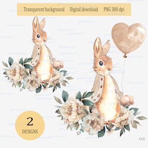 Beige Blumen Peter Rabbit, Blumen und Grün Sublimationsgrafik, Flopsie Bunny Illustration, Baby-Party-Dekor, Aquarell Clipart PNG