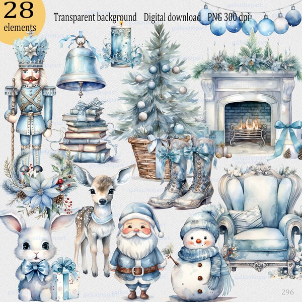 Set of 28 Christmas png cliparts blue silver colors: Watercolor Santa graphics, Xmas tree ornaments, Nutcracker snowman reindeer fireplace