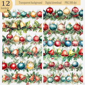 Borde navideño de acuarela clipart PNG: marco de ramas de árboles de Navidad, adornos, campanas; guirnalda repetida sin costuras; diseño de sublimación de invierno