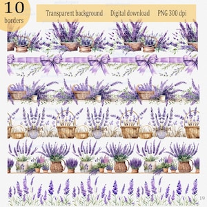 Puede incluir: Descarga digital de acuarela con diez bordes de lavanda. Los bordes muestran ramos de lavanda en cestas y macetas, junto con un diseño de cinta y lazo. La paleta de colores incluye tonos de morado, verde y marrón sobre un fondo blanco. El texto "10 borders" es visible.