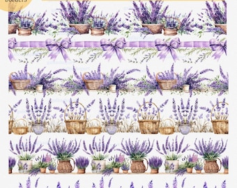 Clipart di bordi di lavanda PNG, cornice di fiori ad acquerello, ghirlanda floreale, 10 disegni senza soluzione di continuità per inviti a sublimazione e stampa, carta da parati