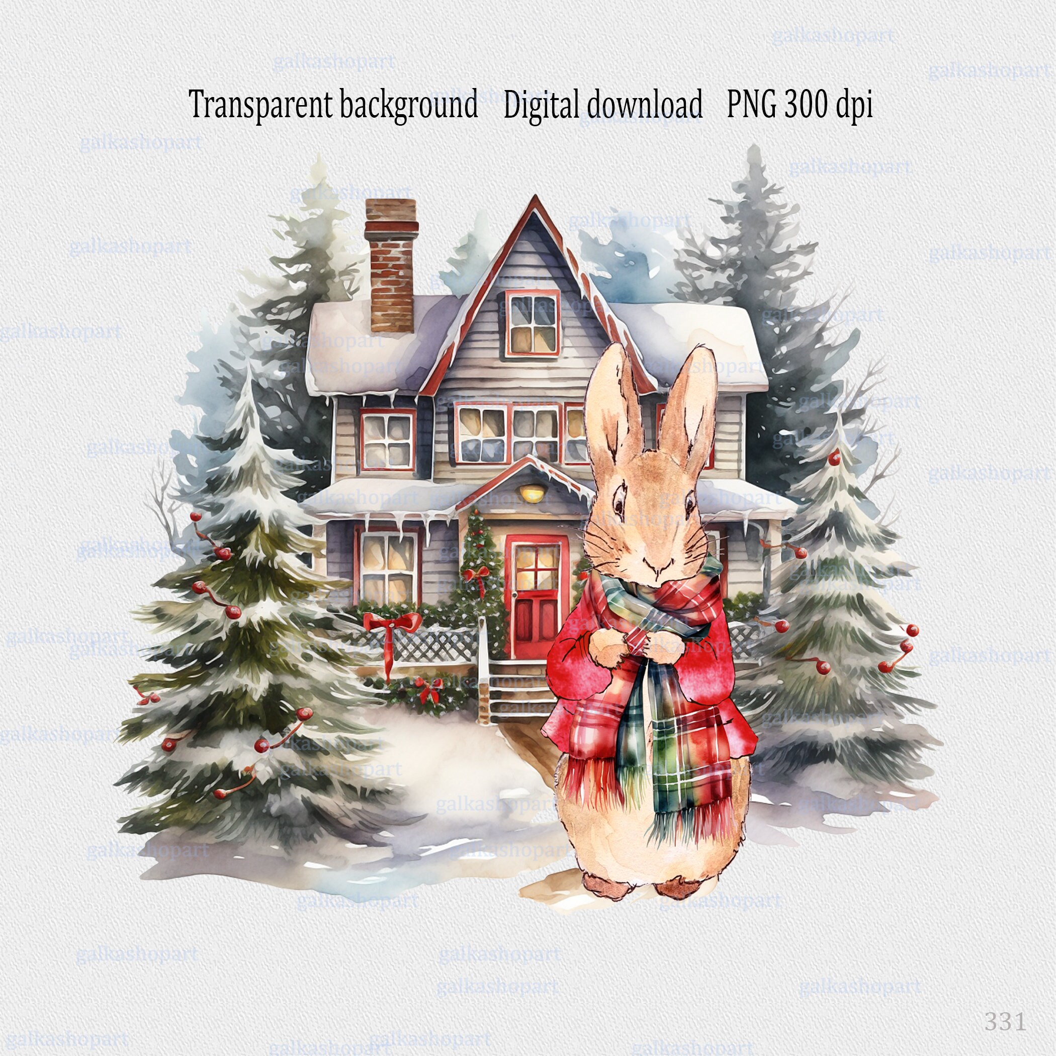 クリスマス ピーターラビット PNG 昇華: 水彩画の冬のコテージ