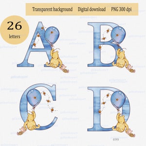 Das klassische Winnie Puuh und Ferkelchen Alphabet: Aquarell Clipart PNG, Buchstaben mit Bär, Schweinchen im Ballon, Junge Monogramm