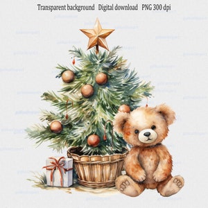 Arbre de Noël avec sublimation PNG sur fond transparent : 1er Noël de bébé, transfert du sac du père Noël, illustration hivernale à l'aquarelle