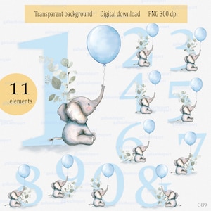 Individuelle Zahlen: Baby Elefant Eukalyptusblätter, Aquarell PNG Clipart, Geburtstagsgrafik für Jungen, weiche blaue Ziffern, Jungen Symbole 10+1