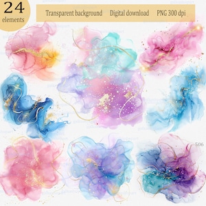 24 PNG de imágenes prediseñadas de salpicaduras de acuarela: fondo abstracto de ensueño, salpicadura de pintura dorada, gráficos de acuarela pastel, tinta de alcohol de sirena