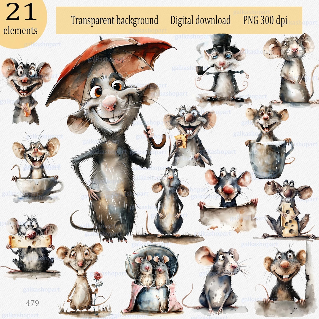 Set of 21 Watercolor Quirky Rats: Funny Comical Cartoon Clipart PNG ...