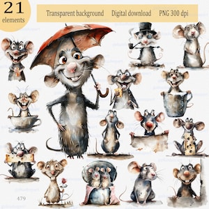 Set of 21 Watercolor Quirky Rats: Funny comical cartoon clipart PNG, Whimsical mouse, Cute rodents animal, image on transparent background