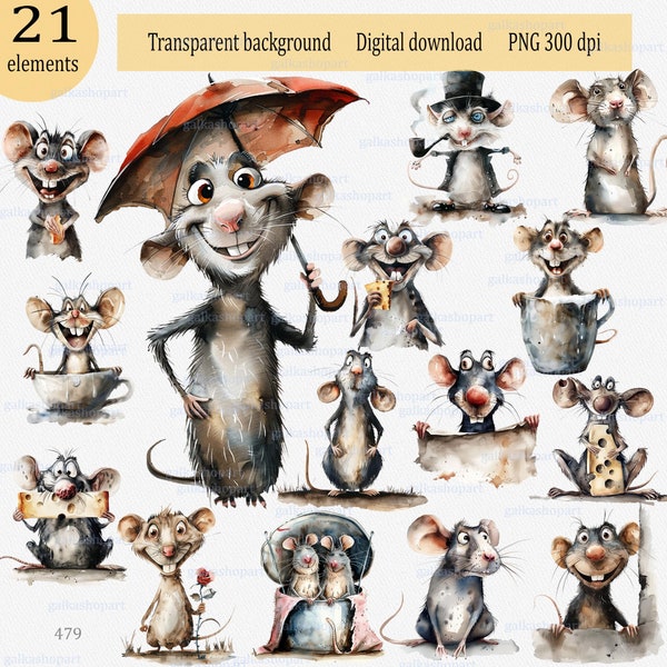 Set of 21 Watercolor Quirky Rats: Funny comical cartoon clipart PNG, Whimsical mouse, Cute rodents animal, image on transparent background