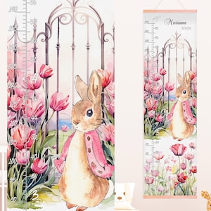 Anpassbare Messlatte für Körpergrößen, Peter Rabbit Messlatte für Mädchen, erster Geburtstag Geschenk, Flopsie Hase in rosa Tulpen, Kinderzimmer