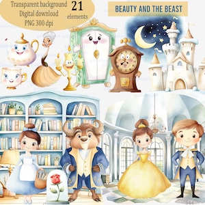 Piękna i Bestia Akwarela Clipart PNG, Belle & Beast, Księżniczka Bajki, Zamek, Róża, Książka, Przyjęcie Urodzinowe i Sztuka Przedszkola