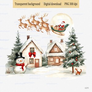 Santa Reindeer Sleigh and Christmas Houses PNG-clipart, kerstavond-sublimatieontwerp, aquarel winterdorpsafbeelding