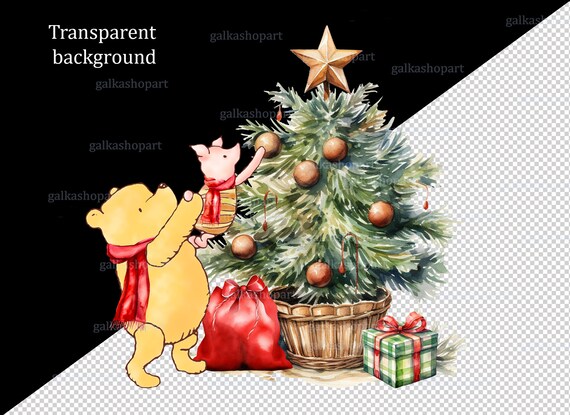 クラシックなくまのプーさんとクリスマスツリーの子豚の昇華デザイン