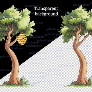 Sommarhögt träd med bikupa, akvarell clipart PNG, Puh-saga, lövträd i skogen för sublimering och tryck av festrekvisita bild 3