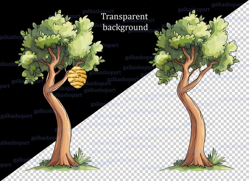Sommarhögt träd med bikupa, akvarell clipart PNG, Puh-saga, lövträd i skogen för sublimering och tryck av festrekvisita bild 3