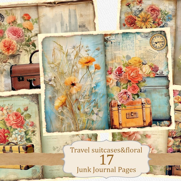 Vintage Suitcases Junk Journal Kit: Bundle of Printable Papers with Retro Flower; Travels journaling; Adventures pages