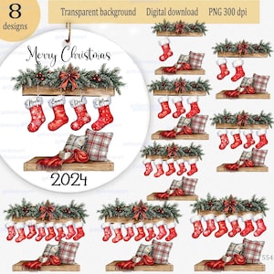Décoration de Noël en famille Image PNG à sublimation, Chaussette de famille personnalisée, Chaussette de Noël aquarelle, Ajoutez votre nom
