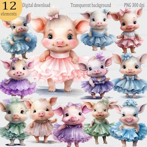 Imágenes prediseñadas de bailarinas de cerditos en acuarela: Linda cerdita con vestido de tutú de ballet, gráficos de sublimación, animales florales bailando, juego de 12