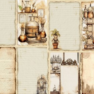 May include: A set of six vintage-style printable journal pages with a magical theme. The pages feature illustrations of a witch's hat, a potion-making scene, a mandrake plant, a gothic cathedral, an owl in a cage, and a vintage-style quill pen.