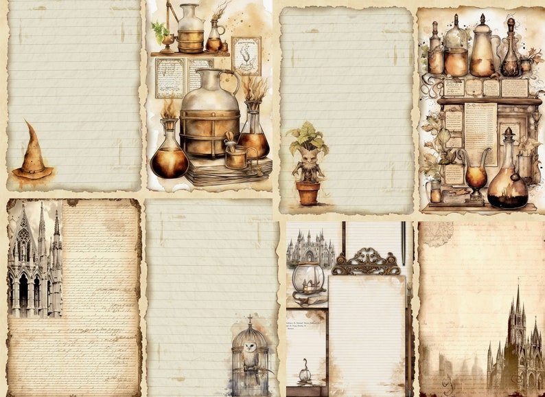 May include: A set of six vintage-style printable journal pages with a magical theme. The pages feature illustrations of a witch's hat, a potion-making scene, a mandrake plant, a gothic cathedral, an owl in a cage, and a vintage-style quill pen.