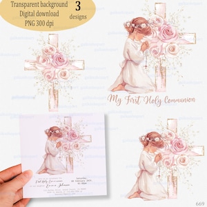 初聖体拝領 PNG – 祈る少女の水彩画クリップアート、ピンクの花の十字架、招待状やカード作りのためのキリスト教の昇華デザイン