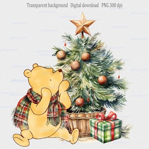 Winnie l'ourson classique avec sapin de Noël et boîte-cadeau Design par sublimation PNG : Clipart aquarelle ours dans une écharpe à carreaux, premier Noël de bébé