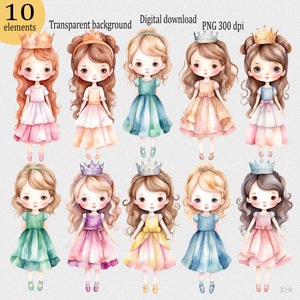 Schattige kleine prinses aquarel sublimatie clipart png: schattig decor voor de kinderkamer, prinses thema-uitnodiging, prachtige pastel prinses pop