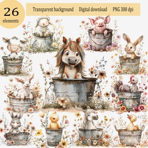 Watercolor cute baby farm animals in bucket on the meadow clipart png, nursery wall decor, cartoon illustration, pig cow horse donkey sheep