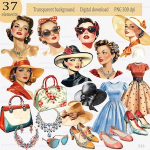 Accesorios de moda femenina de mediados de siglo de los años 50 PNG Clipart: Vestido retro vintage para mujer, bolso, zapatos, sombrero, joyas, gafas de sol, nostalgia