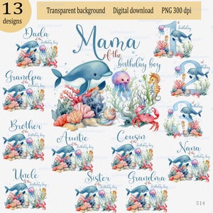 Set von Aquarell Sublimationsdesigns für Familie passend zum Geburtstag T-Shirt Mom Dad usw., unter dem Meer, Nautical PNG Clipart, Sea Baby Animal