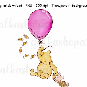 Klassisches Winnie Puuh mit Ferkel auf Ballon Sublimationsdesign, Aquarell Babyparty Clipart, Geburtstagsdekor Bär, transparente PNG-Datei