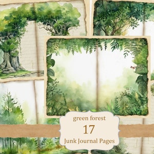 Kit bosbomen Junk Journals, vintage papier met bosachtergrond, digitale afdrukbare pagina's, aquarelillustratie, herinneringsboek, collage